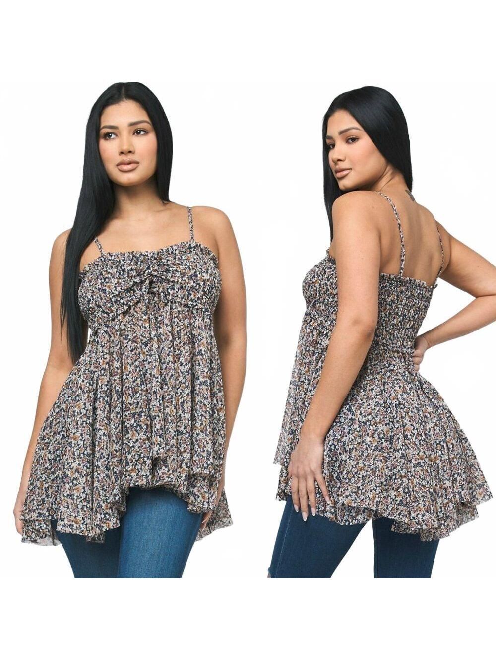 Smocked Floral Spaghetti Strap Tunic Top Womens Size Small Blue Coquette Boho